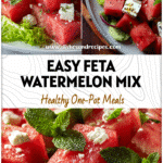 Colorful Healthy Watermelon Salad with feta cheese, mint leaves, and lettuce arranged on a summer table.